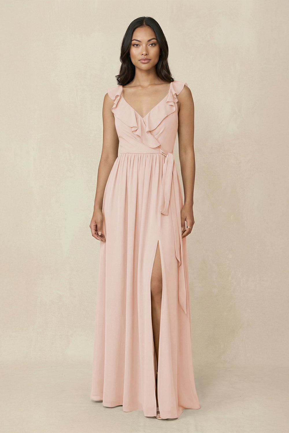 Ruffled V-Neck A-Line Chiffon Bridesmaid Dress in Pale Blush - KissProm BRIDESMAID DRESSES