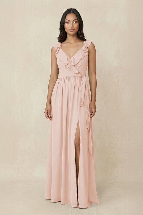 Ruffled V-Neck A-Line Chiffon Bridesmaid Dress in Pale Blush - KissProm BRIDESMAID DRESSES