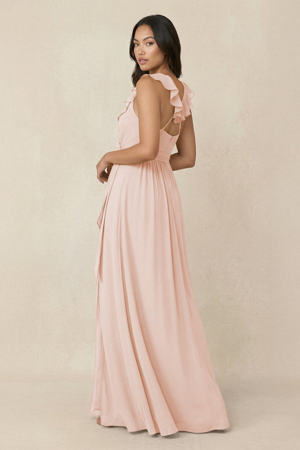 Ruffled V-Neck A-Line Chiffon Bridesmaid Dress in Pale Blush - KissProm BRIDESMAID DRESSES