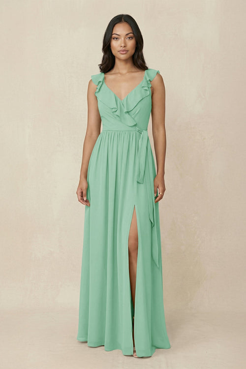 Ruffled V-Neck A-Line Chiffon Bridesmaid Dress in Pale Pistachio - KissProm BRIDESMAID DRESSES