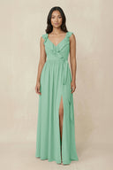 Ruffled V-Neck A-Line Chiffon Bridesmaid Dress in Pale Pistachio - KissProm BRIDESMAID DRESSES
