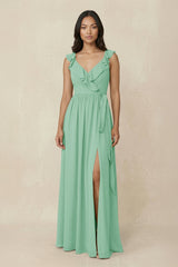 Ruffled V-Neck A-Line Chiffon Bridesmaid Dress in Pale Pistachio - KissProm BRIDESMAID DRESSES