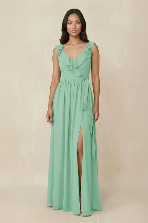 Ruffled V-Neck A-Line Chiffon Bridesmaid Dress in Pale Pistachio - KissProm BRIDESMAID DRESSES