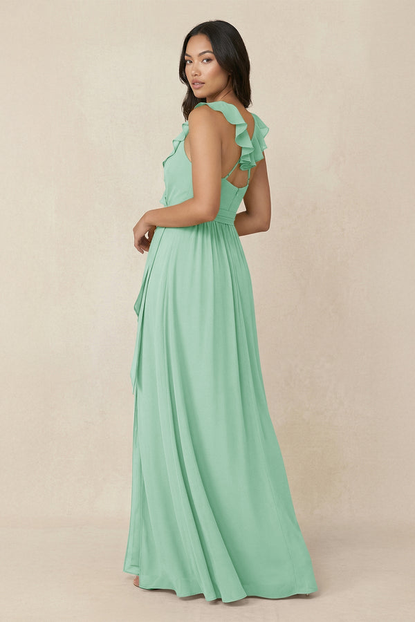 Ruffled V-Neck A-Line Chiffon Bridesmaid Dress in Pale Pistachio - KissProm BRIDESMAID DRESSES