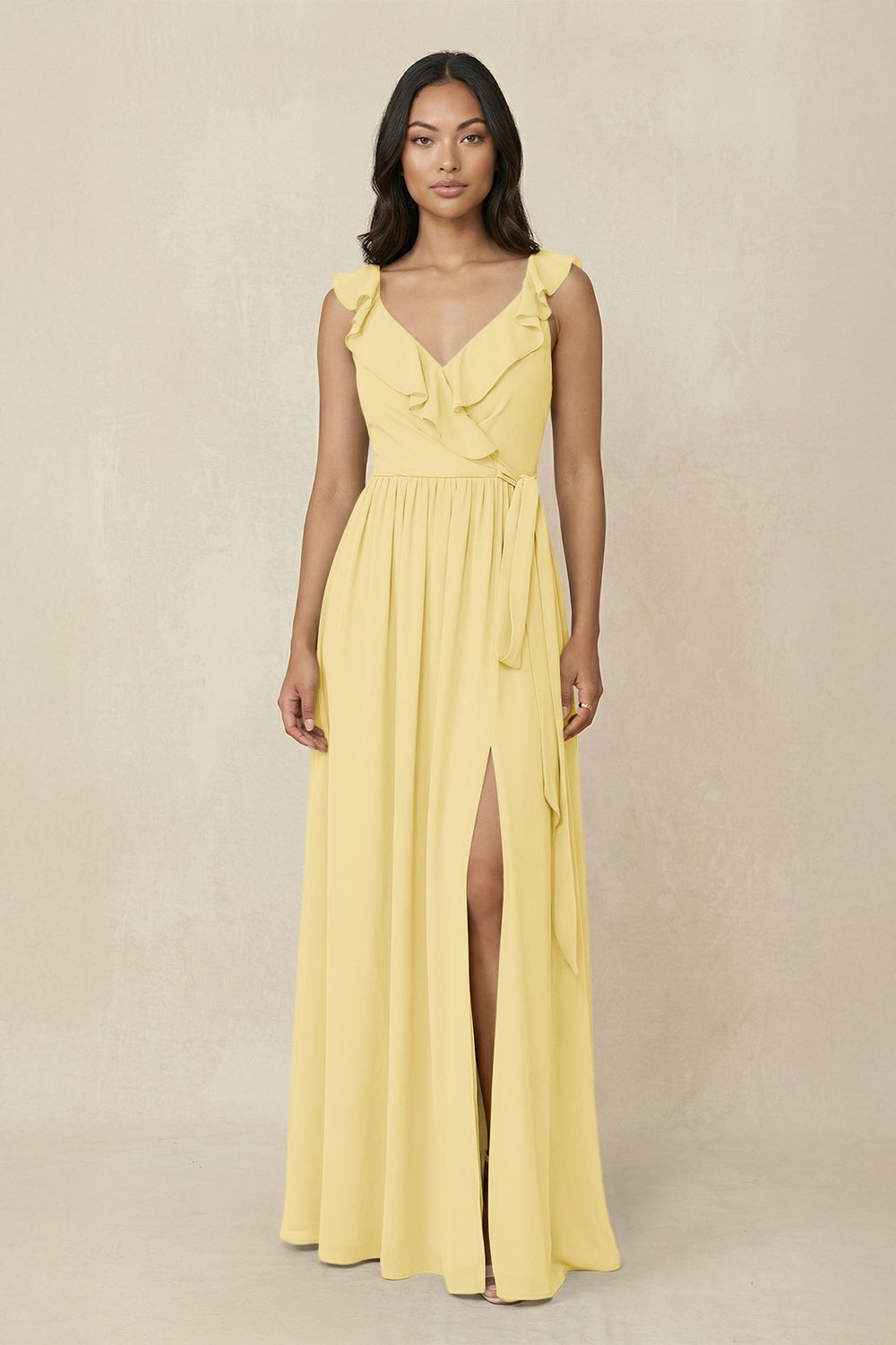Ruffled V-Neck A-Line Chiffon Bridesmaid Dress in Pastel Yellow - KissProm BRIDESMAID DRESSES