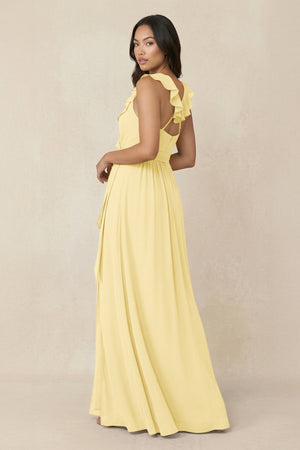 Ruffled V-Neck A-Line Chiffon Bridesmaid Dress in Pastel Yellow - KissProm BRIDESMAID DRESSES