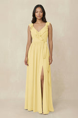 Ruffled V-Neck A-Line Chiffon Bridesmaid Dress in Pastel Yellow - KissProm BRIDESMAID DRESSES