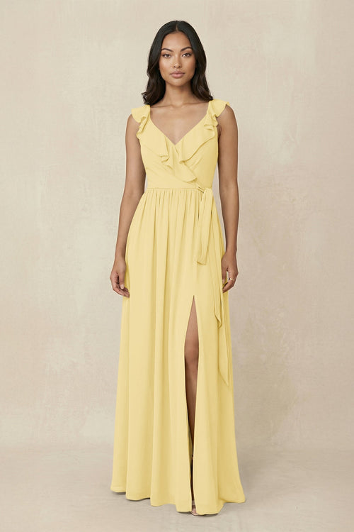 Ruffled V-Neck A-Line Chiffon Bridesmaid Dress in Pastel Yellow - KissProm BRIDESMAID DRESSES