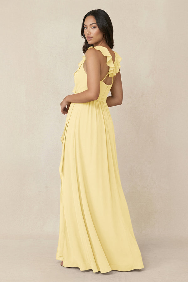 Ruffled V-Neck A-Line Chiffon Bridesmaid Dress in Pastel Yellow - KissProm BRIDESMAID DRESSES