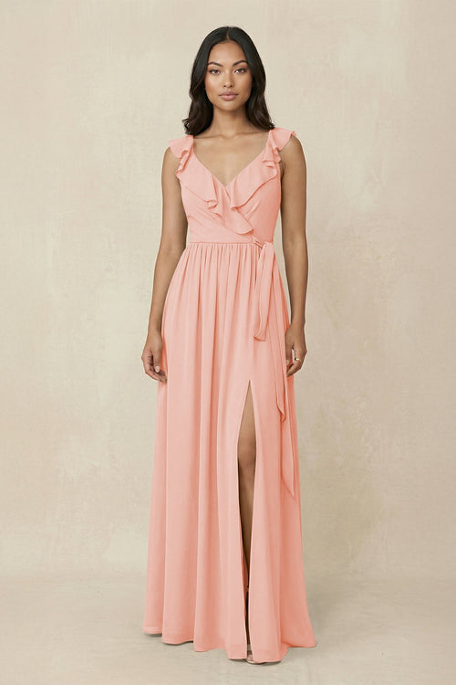 Ruffled V-Neck A-Line Chiffon Bridesmaid Dress in Rose Petal - KissProm BRIDESMAID DRESSES