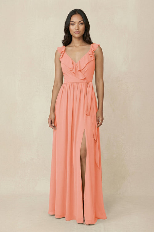 Ruffled V-Neck A-Line Chiffon Bridesmaid Dress in Rosette - KissProm BRIDESMAID DRESSES