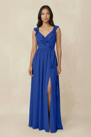 Ruffled V-Neck A-Line Chiffon Bridesmaid Dress in Royal Blue - KissProm BRIDESMAID DRESSES