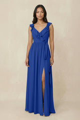 Ruffled V-Neck A-Line Chiffon Bridesmaid Dress in Royal Blue - KissProm BRIDESMAID DRESSES