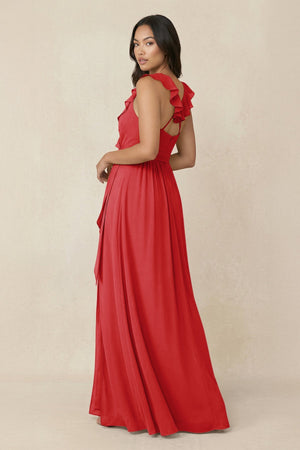 Ruffled V-Neck A-Line Chiffon Bridesmaid Dress in Ruby Red - KissProm BRIDESMAID DRESSES
