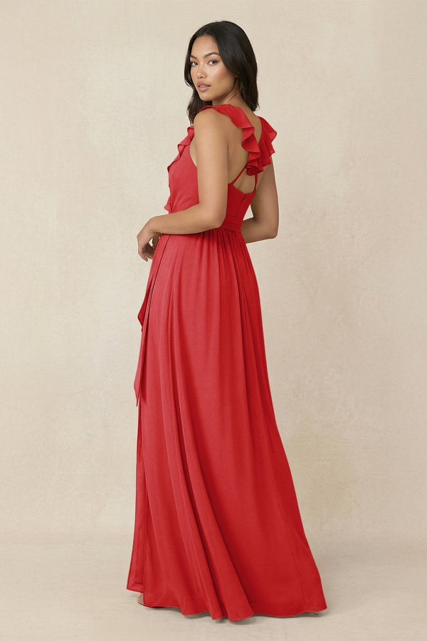 Ruffled V-Neck A-Line Chiffon Bridesmaid Dress in Ruby Red - KissProm BRIDESMAID DRESSES