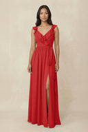 Ruffled V-Neck A-Line Chiffon Bridesmaid Dress in Ruby Red - KissProm BRIDESMAID DRESSES