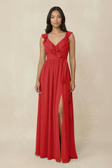 Ruffled V-Neck A-Line Chiffon Bridesmaid Dress in Ruby Red - KissProm BRIDESMAID DRESSES