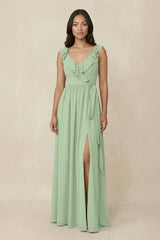 Ruffled V-Neck A-Line Chiffon Bridesmaid Dress in Sage - KissProm BRIDESMAID DRESSES