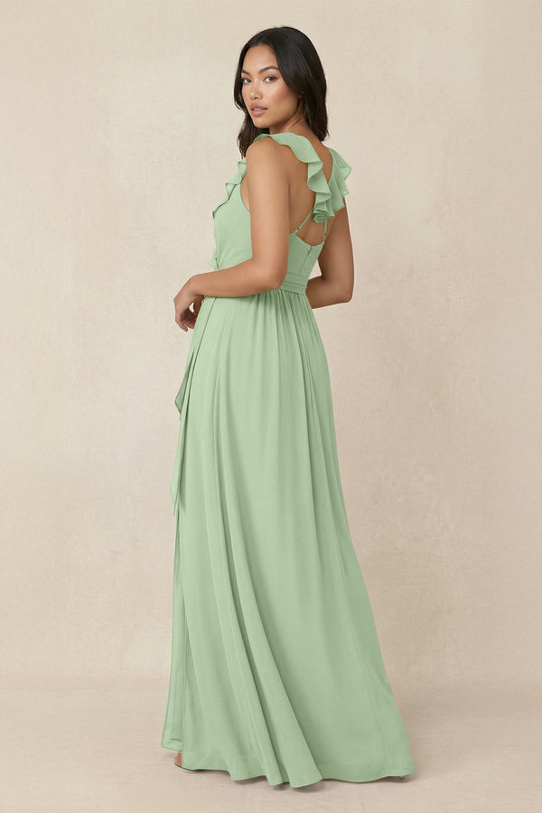 Ruffled V-Neck A-Line Chiffon Bridesmaid Dress in Sage - KissProm BRIDESMAID DRESSES
