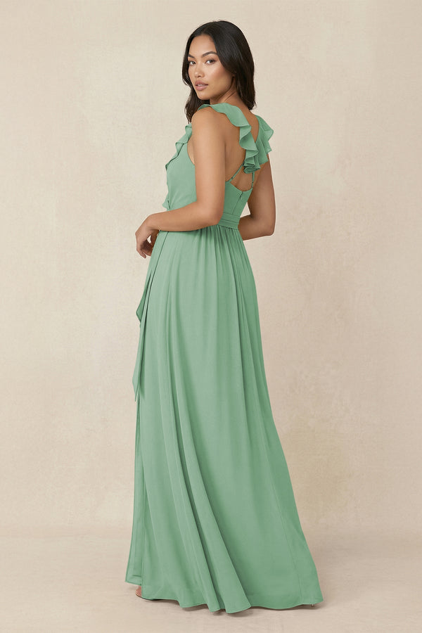 Ruffled V-Neck A-Line Chiffon Bridesmaid Dress in Sea Glass - KissProm BRIDESMAID DRESSES