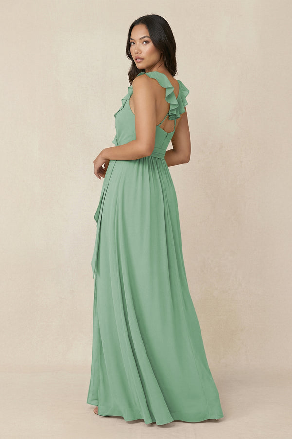 Ruffled V-Neck A-Line Chiffon Bridesmaid Dress in Sea Glass - KissProm BRIDESMAID DRESSES