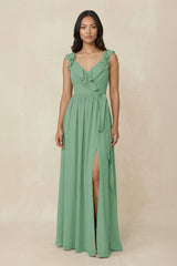 Ruffled V-Neck A-Line Chiffon Bridesmaid Dress in Sea Glass - KissProm BRIDESMAID DRESSES