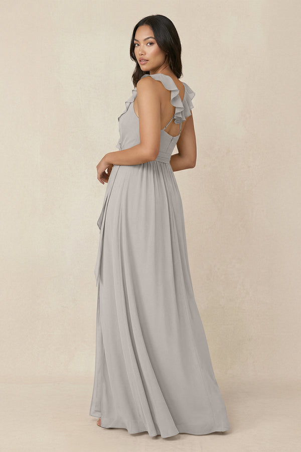 Ruffled V-Neck A-Line Chiffon Bridesmaid Dress in Silver - KissProm BRIDESMAID DRESSES