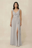 Ruffled V-Neck A-Line Chiffon Bridesmaid Dress in Silver - KissProm BRIDESMAID DRESSES