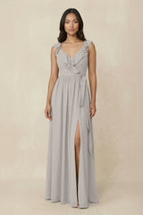 Ruffled V-Neck A-Line Chiffon Bridesmaid Dress in Silver - KissProm BRIDESMAID DRESSES