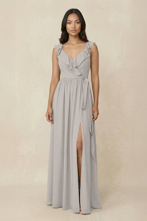Ruffled V-Neck A-Line Chiffon Bridesmaid Dress in Silver - KissProm BRIDESMAID DRESSES