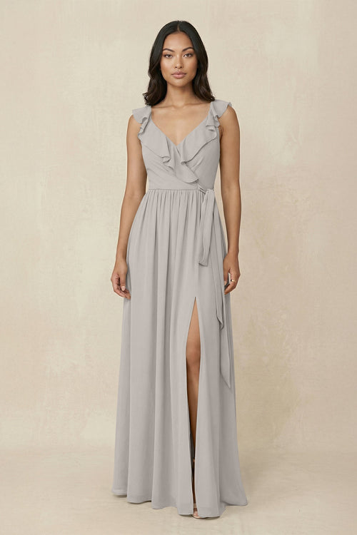 Ruffled V-Neck A-Line Chiffon Bridesmaid Dress in Silver - KissProm BRIDESMAID DRESSES