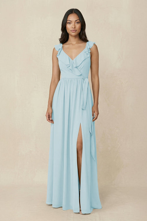 Ruffled V-Neck A-Line Chiffon Bridesmaid Dress in Sky Blue - KissProm BRIDESMAID DRESSES