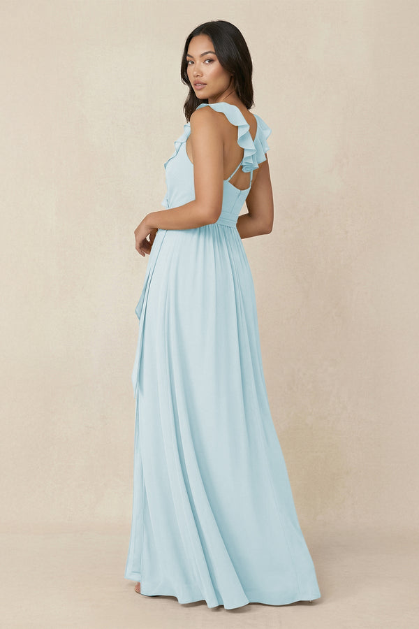 Ruffled V-Neck A-Line Chiffon Bridesmaid Dress in Sky Blue - KissProm BRIDESMAID DRESSES