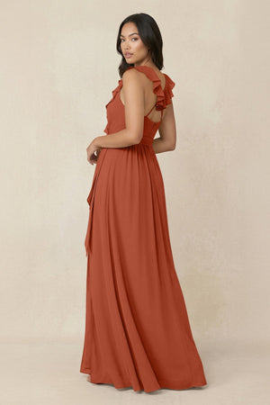 Ruffled V-Neck A-Line Chiffon Bridesmaid Dress in Spice - KissProm BRIDESMAID DRESSES