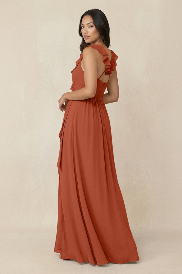 Ruffled V-Neck A-Line Chiffon Bridesmaid Dress in Spice - KissProm BRIDESMAID DRESSES