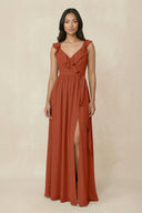 Ruffled V-Neck A-Line Chiffon Bridesmaid Dress in Spice - KissProm BRIDESMAID DRESSES