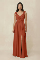 Ruffled V-Neck A-Line Chiffon Bridesmaid Dress in Spice - KissProm BRIDESMAID DRESSES