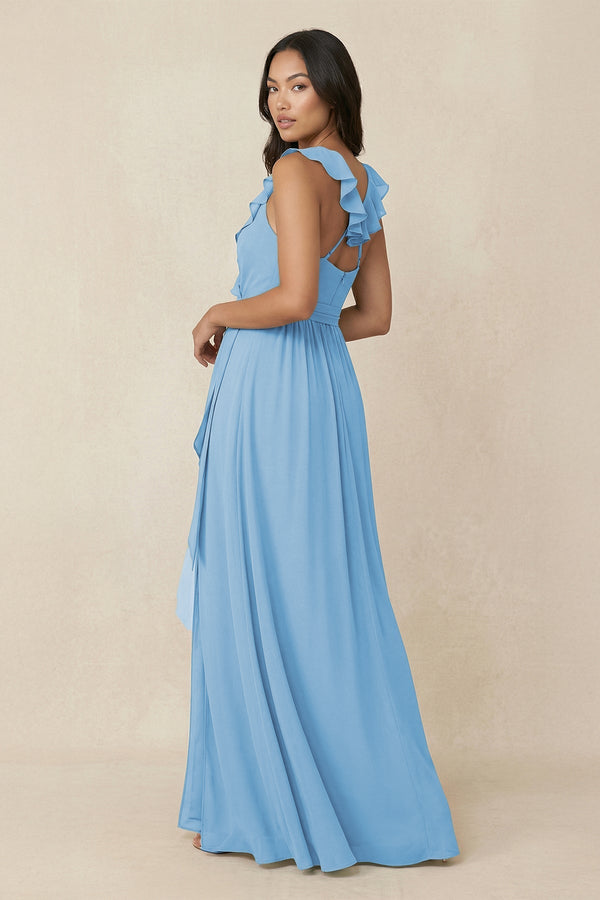 Ruffled V-Neck A-Line Chiffon Bridesmaid Dress in Steel Blue - KissProm BRIDESMAID DRESSES