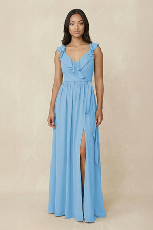 Ruffled V-Neck A-Line Chiffon Bridesmaid Dress in Steel Blue - KissProm BRIDESMAID DRESSES