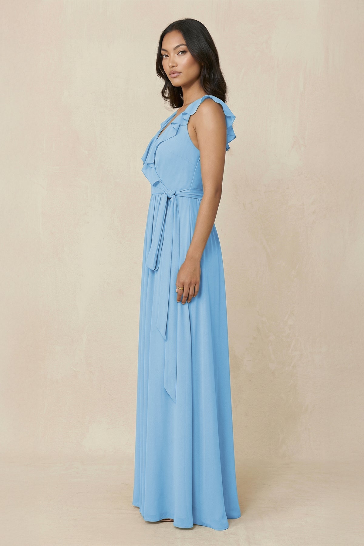 steel blue dress bridesmaid Ruffled V-Neck A-Line Chiffon Bridesmaid Dress in Steel Blue, Steel Blue / 26