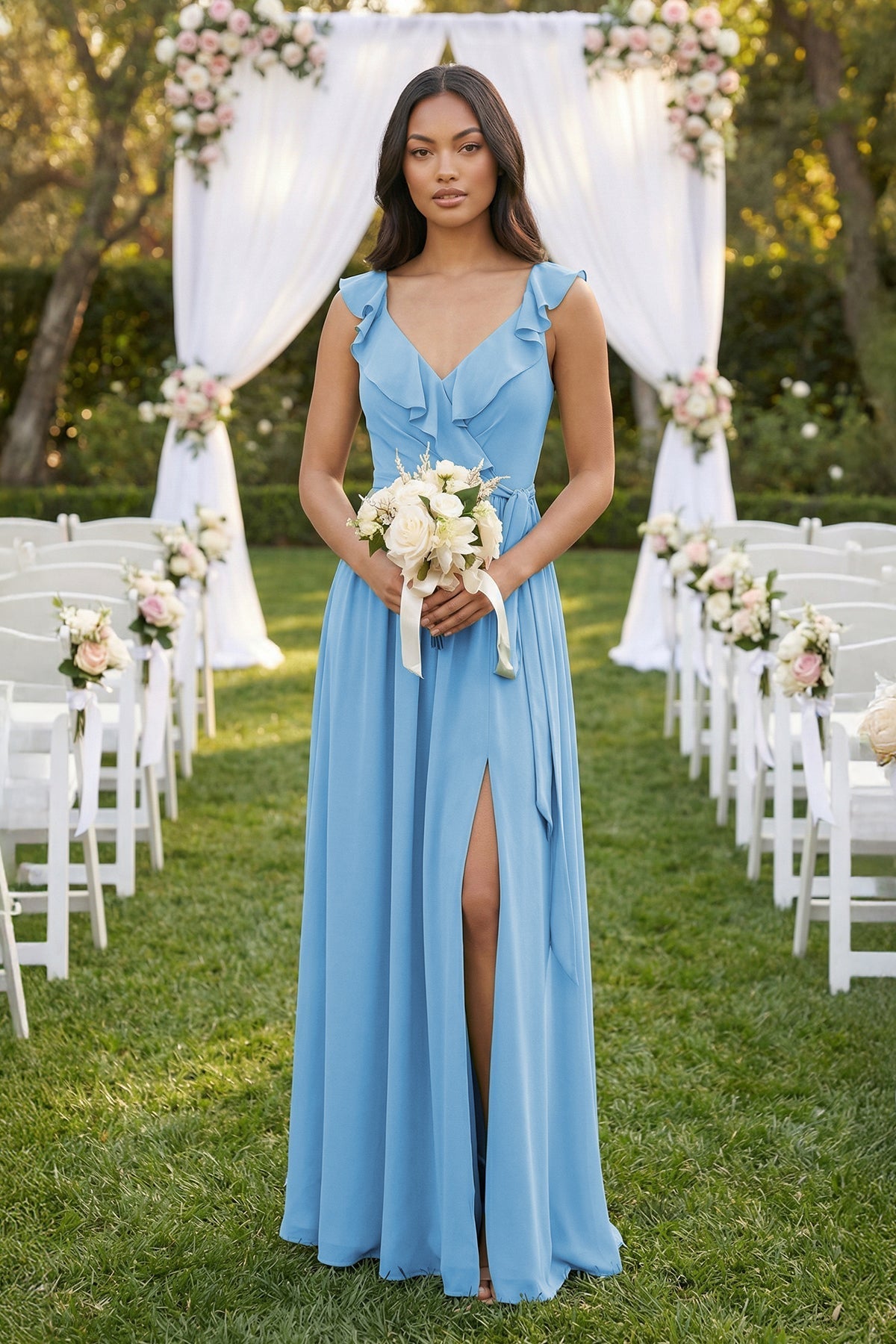 Ruffled V-Neck A-Line Chiffon Bridesmaid Dress in Steel Blue, Steel Blue / 26