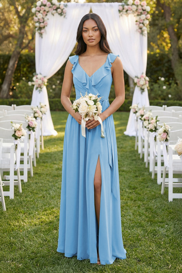 Ruffled V-Neck A-Line Chiffon Bridesmaid Dress in Steel Blue - KissProm BRIDESMAID DRESSES