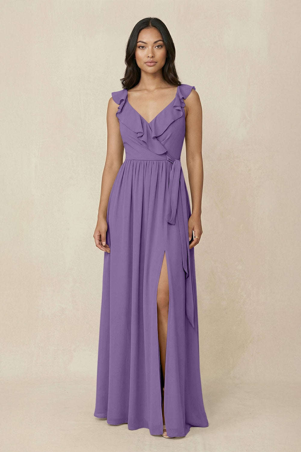Ruffled V-Neck A-Line Chiffon Bridesmaid Dress in Tahiti - KissProm BRIDESMAID DRESSES