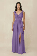 Ruffled V-Neck A-Line Chiffon Bridesmaid Dress in Tahiti - KissProm BRIDESMAID DRESSES