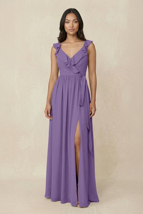Ruffled V-Neck A-Line Chiffon Bridesmaid Dress in Tahiti - KissProm BRIDESMAID DRESSES