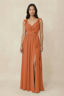 Ruffled V-Neck A-Line Chiffon Bridesmaid Dress in Terracotta - KissProm BRIDESMAID DRESSES