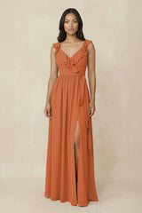 Ruffled V-Neck A-Line Chiffon Bridesmaid Dress in Terracotta - KissProm BRIDESMAID DRESSES