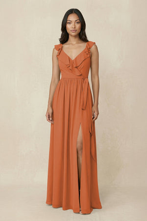 Ruffled V-Neck A-Line Chiffon Bridesmaid Dress in Terracotta - KissProm BRIDESMAID DRESSES