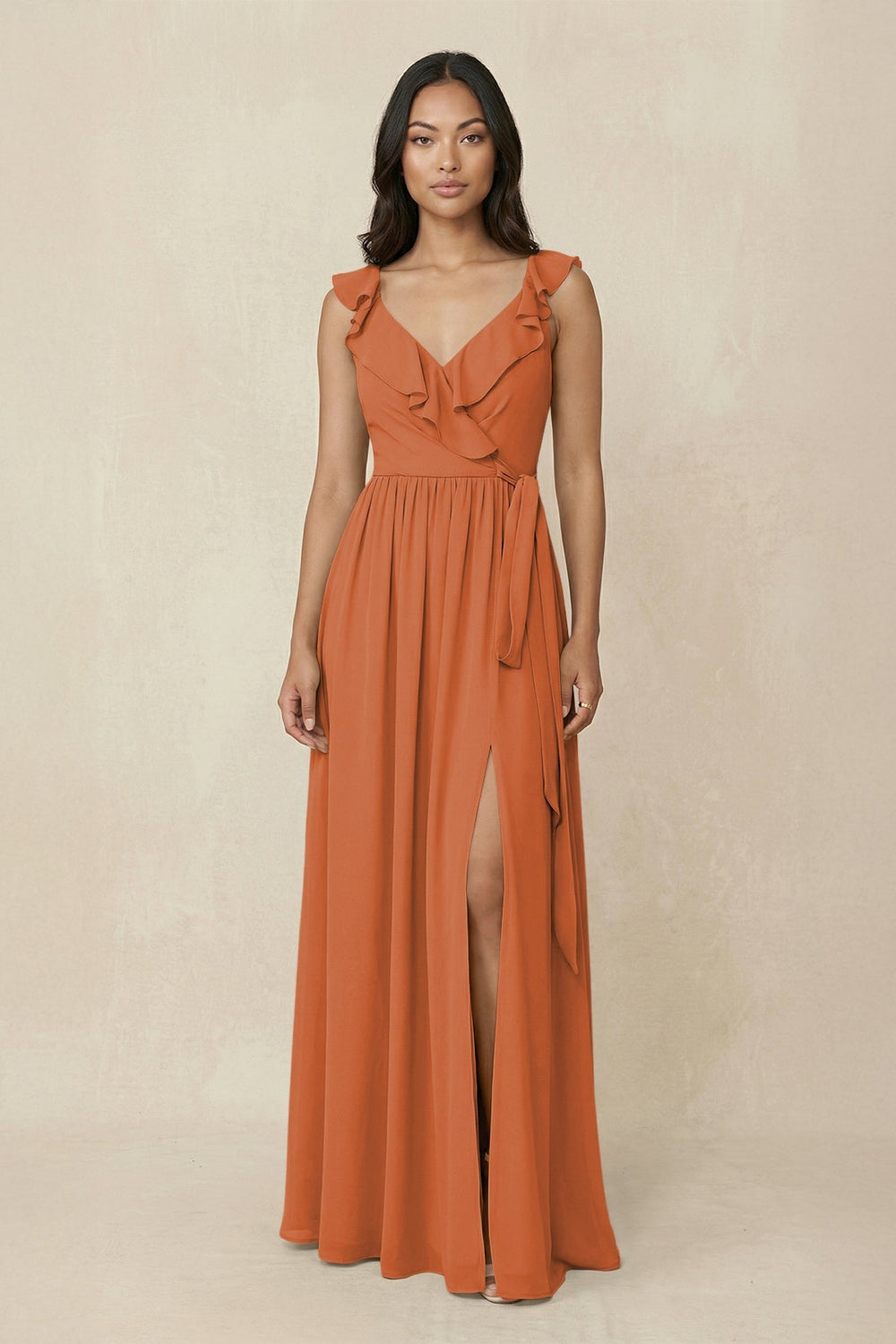 Ruffled V-Neck A-Line Chiffon Bridesmaid Dress in Terracotta - KissProm BRIDESMAID DRESSES