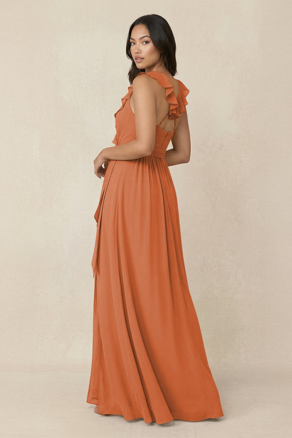 Ruffled V-Neck A-Line Chiffon Bridesmaid Dress in Terracotta - KissProm BRIDESMAID DRESSES